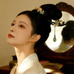 magnolia flower hair pin – sandalwood & hetian jade tassel chinese hair stick