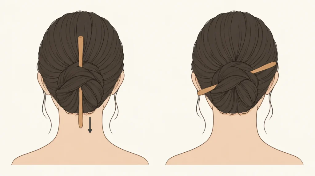 hair stick angle vertical vs diagonal